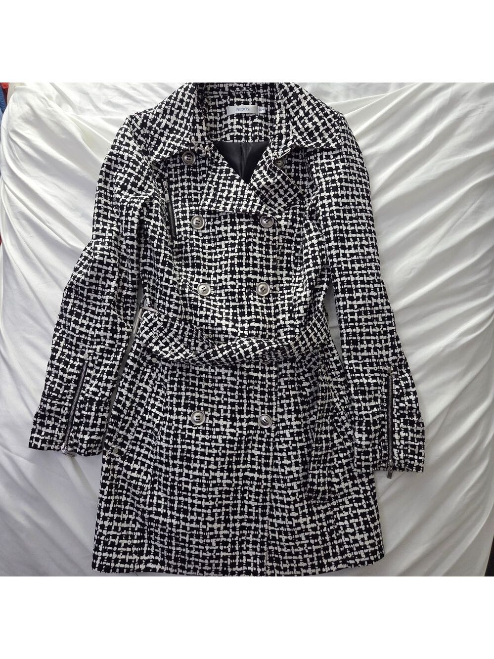 Ricki's Black White Geometric Moto Trench Coat Extra Small